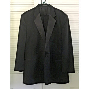 Tuxedo Jet Black 2 Pc Stanley Blacker Wool Satin Stripe 48L 44x35 Suit Bow Tie